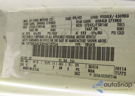 2003 Ford E-350 Super Duty Commercial/Recreational из США, поврежденный, VIN 1FTSE34L23HA12754